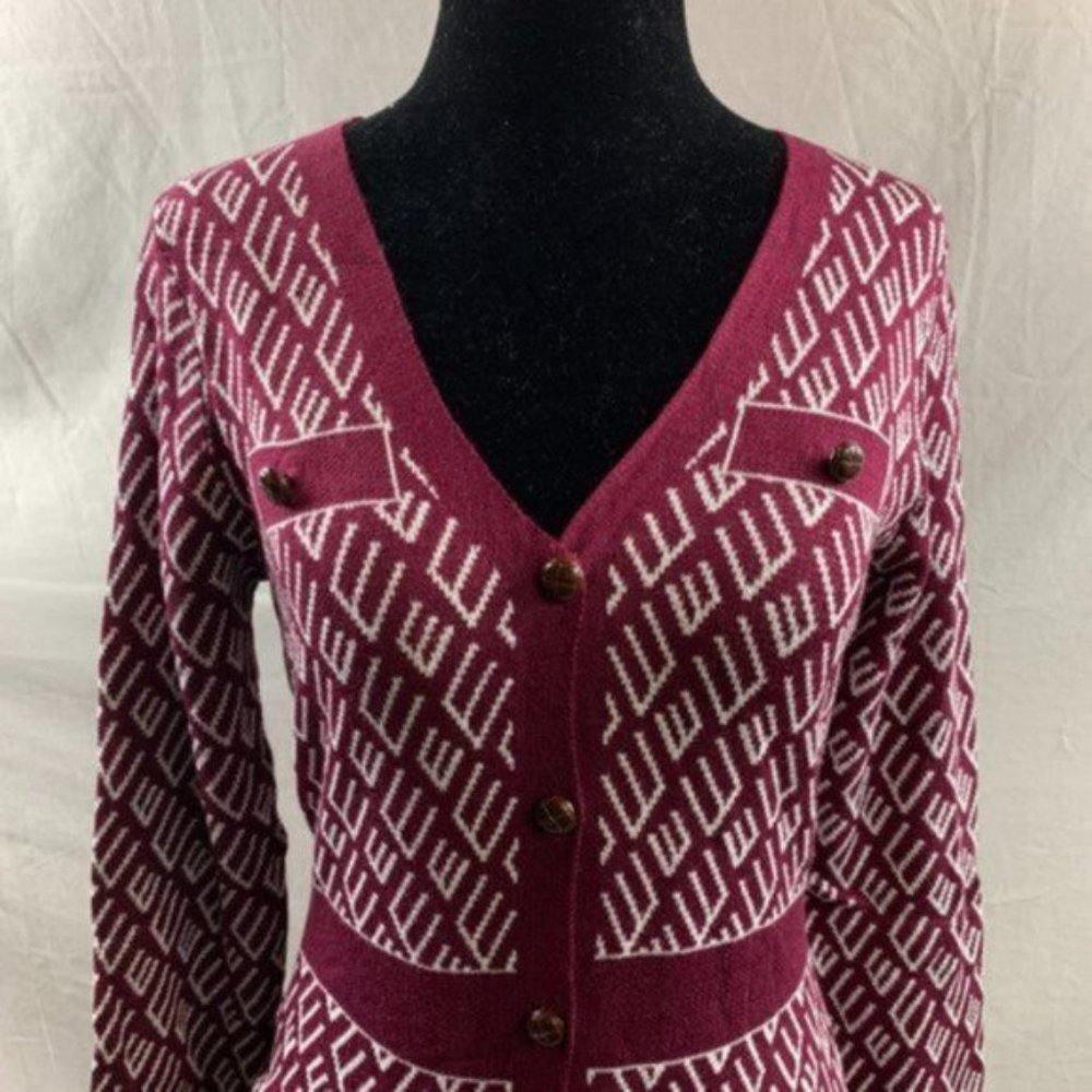 Burgundy Button Front Pattern Sweater Dress - Picture 2 of 5